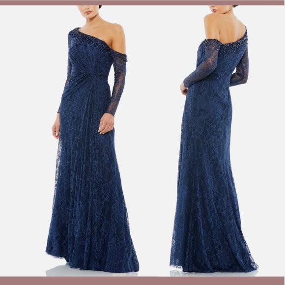 NEW $538 Mac Duggal [ 10 ]‎ Draped Jewel Encrusted Lace Drop Shoulder Gown Blue - Picture 1 of 16